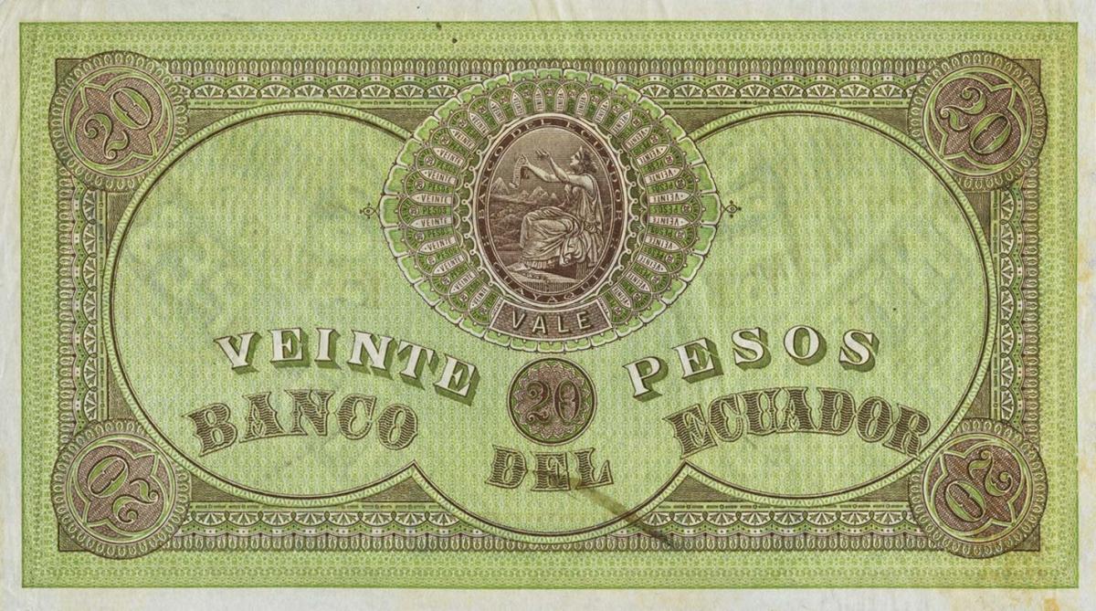 Back of Ecuador pS141Dct1: 20 Pesos from 1872