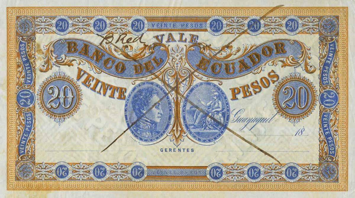 Front of Ecuador pS141Dct1: 20 Pesos from 1872