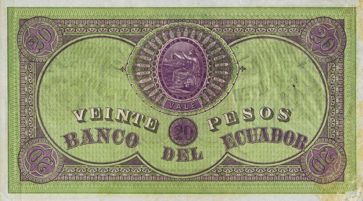 Back of Ecuador pS141Dct2: 20 Pesos from 1872