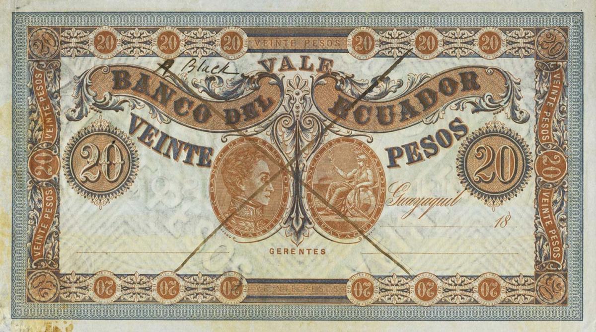 Front of Ecuador pS141Dct2: 20 Pesos from 1872