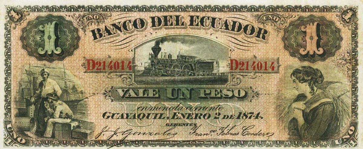 Front of Ecuador pS142Da: 1 Peso from 1874