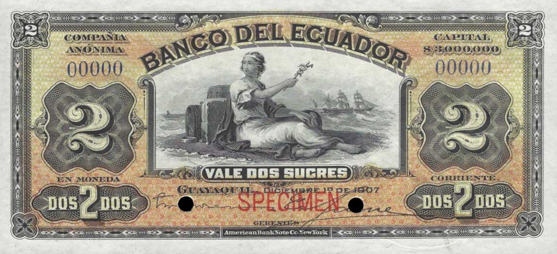 Front of Ecuador pS154A: 2 Sucres from 1907