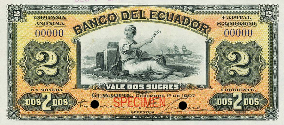 Front of Ecuador pS154s: 2 Sucres from 1907