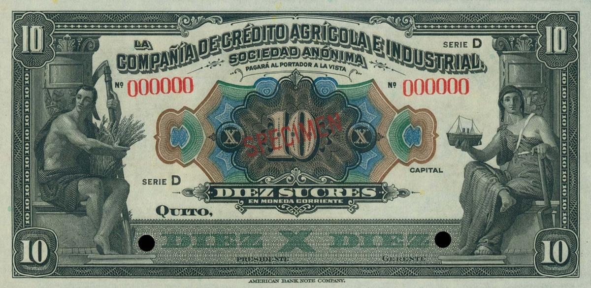 Front of Ecuador pS274s: 10 Sucres from 1921