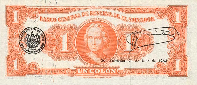 Back of El Salvador p100a: 1 Colon from 1963