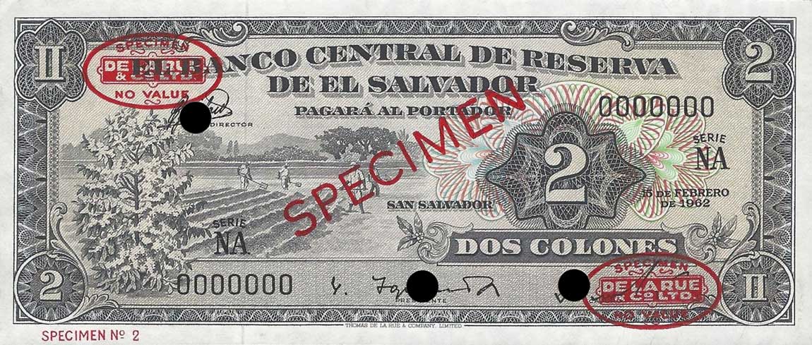 Front of El Salvador p101s1: 2 Colones from 1962