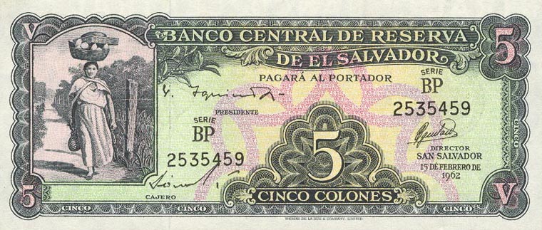 Front of El Salvador p102a: 5 Colones from 1962