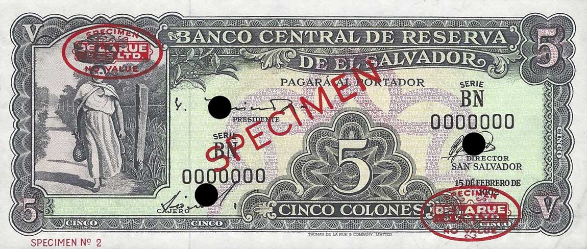 Front of El Salvador p102s: 5 Colones from 1962