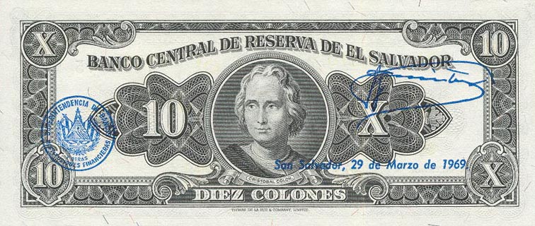 Back of El Salvador p103a: 10 Colones from 1962