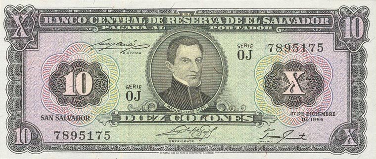 Front of El Salvador p103a: 10 Colones from 1962