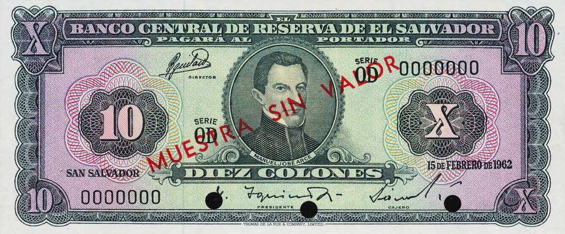 Front of El Salvador p103s: 10 Colones from 1962