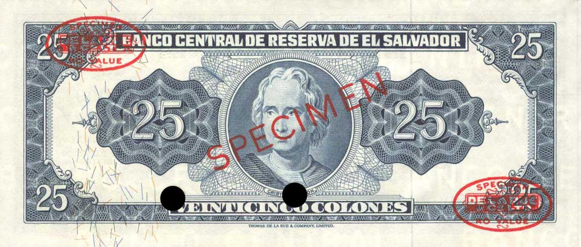 Back of El Salvador p104s1: 25 Colones from 1963