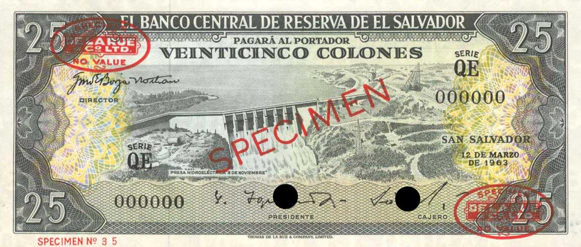 Front of El Salvador p104s1: 25 Colones from 1963