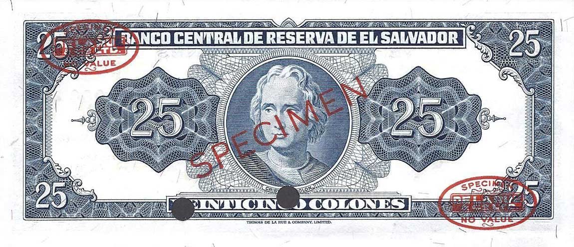 Back of El Salvador p104s2: 25 Colones from 1966