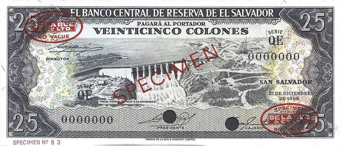 Front of El Salvador p104s2: 25 Colones from 1966