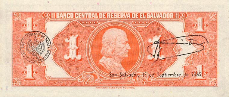 Back of El Salvador p105a: 1 Colon from 1964