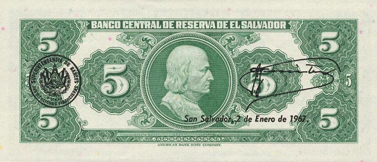 Back of El Salvador p106a: 5 Colones from 1964