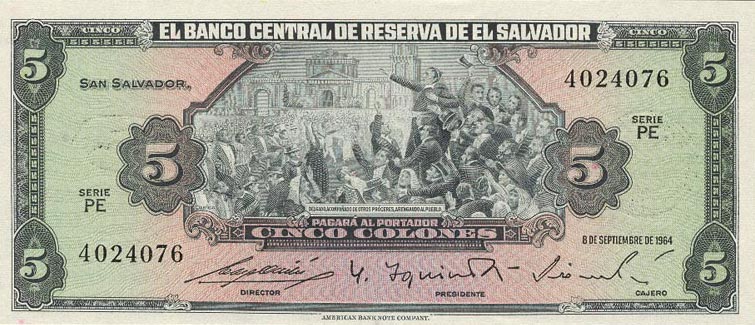 Front of El Salvador p106a: 5 Colones from 1964