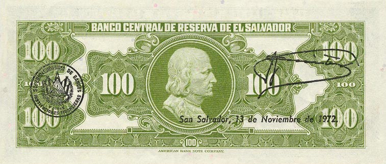 Back of El Salvador p107a: 100 Colones from 1965