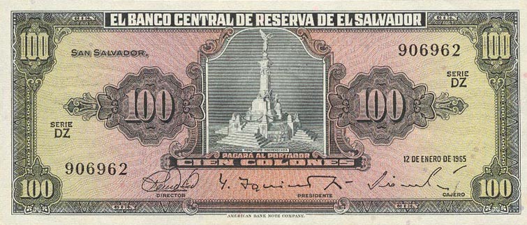 Front of El Salvador p107a: 100 Colones from 1965