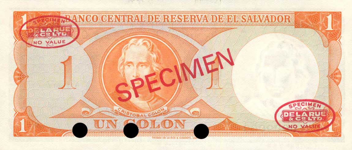 Back of El Salvador p108s: 1 Colon from 1967