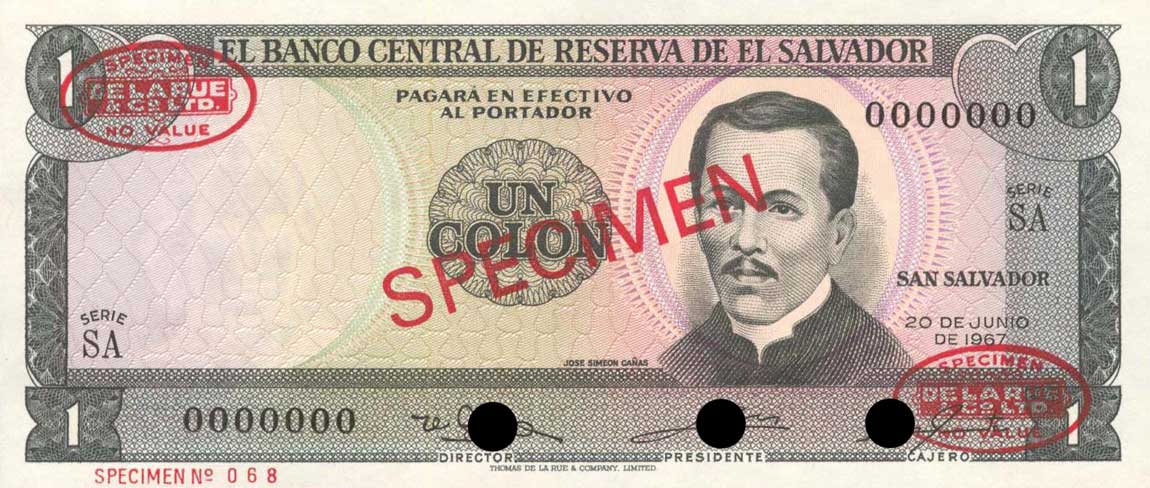 Front of El Salvador p108s: 1 Colon from 1967