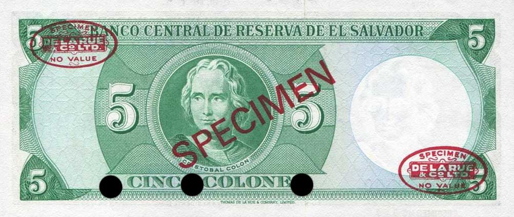 Back of El Salvador p109s: 5 Colones from 1967