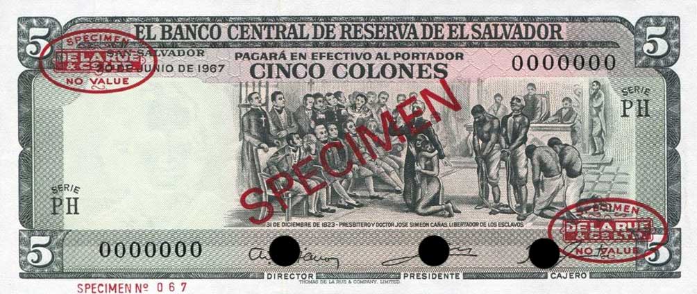 Front of El Salvador p109s: 5 Colones from 1967