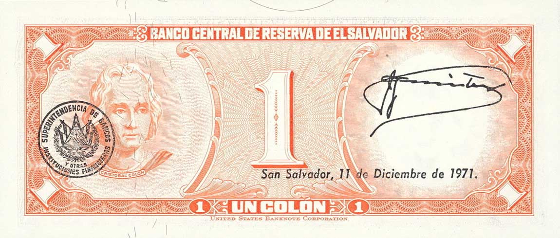 Back of El Salvador p110a: 1 Colon from 1968