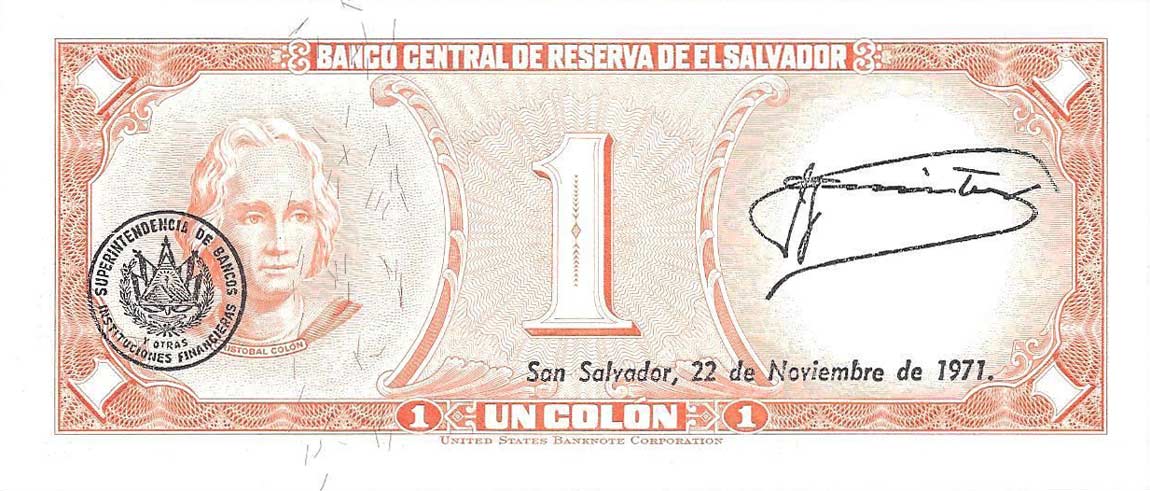 Back of El Salvador p110b: 1 Colon from 1970