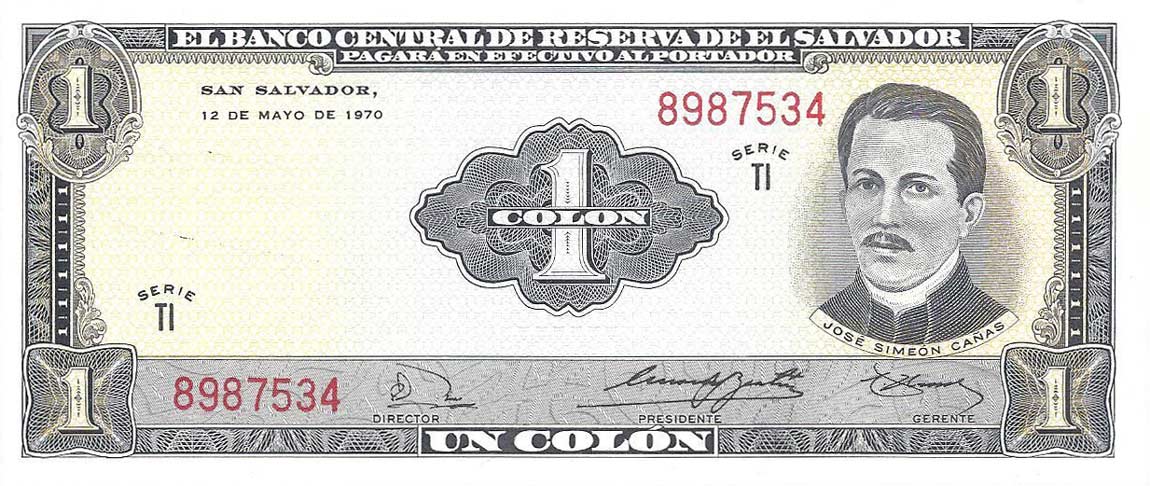 Front of El Salvador p110b: 1 Colon from 1970