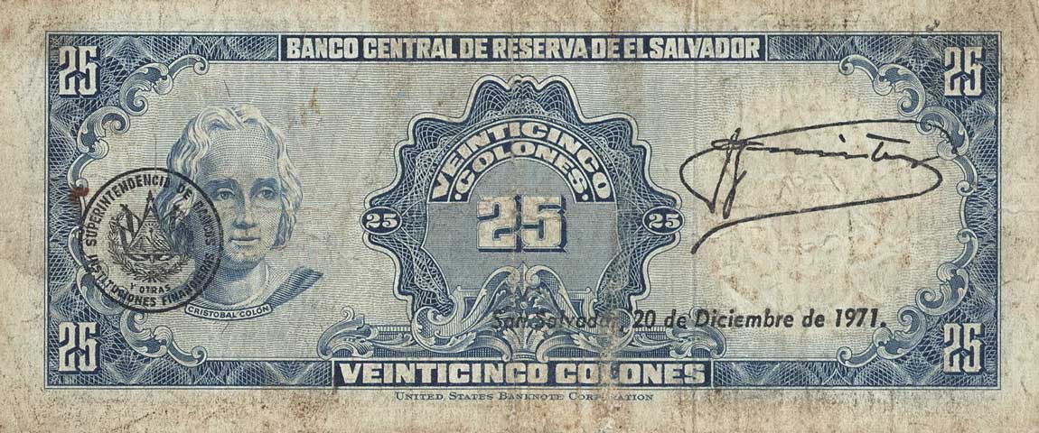 Back of El Salvador p113a: 25 Colones from 1970