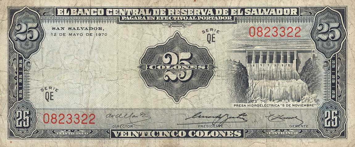 Front of El Salvador p113a: 25 Colones from 1970