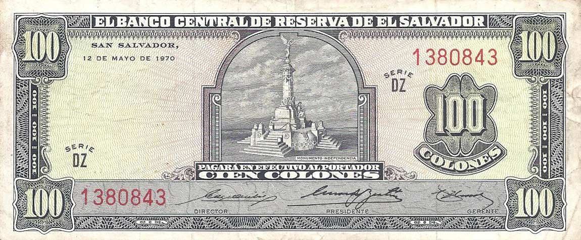 Front of El Salvador p114a: 100 Colones from 1970