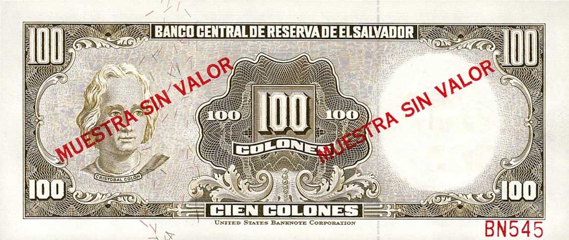 Back of El Salvador p114s: 100 Colones from 1970