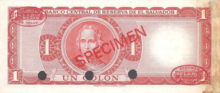 Back of El Salvador p115s: 1 Colon from 1971