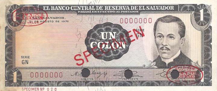 Front of El Salvador p115s: 1 Colon from 1971