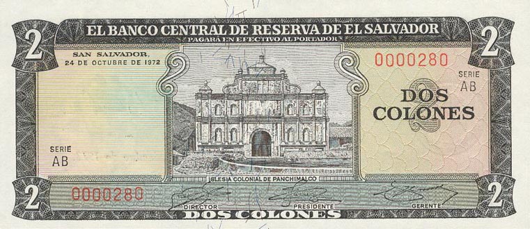 Front of El Salvador p116a: 2 Colones from 1972