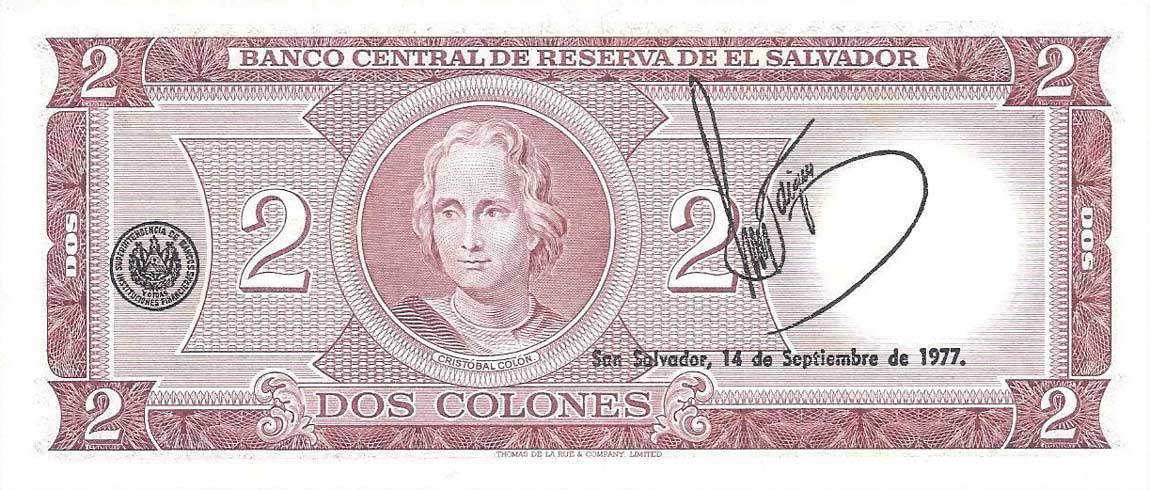 Back of El Salvador p116b: 2 Colones from 1974