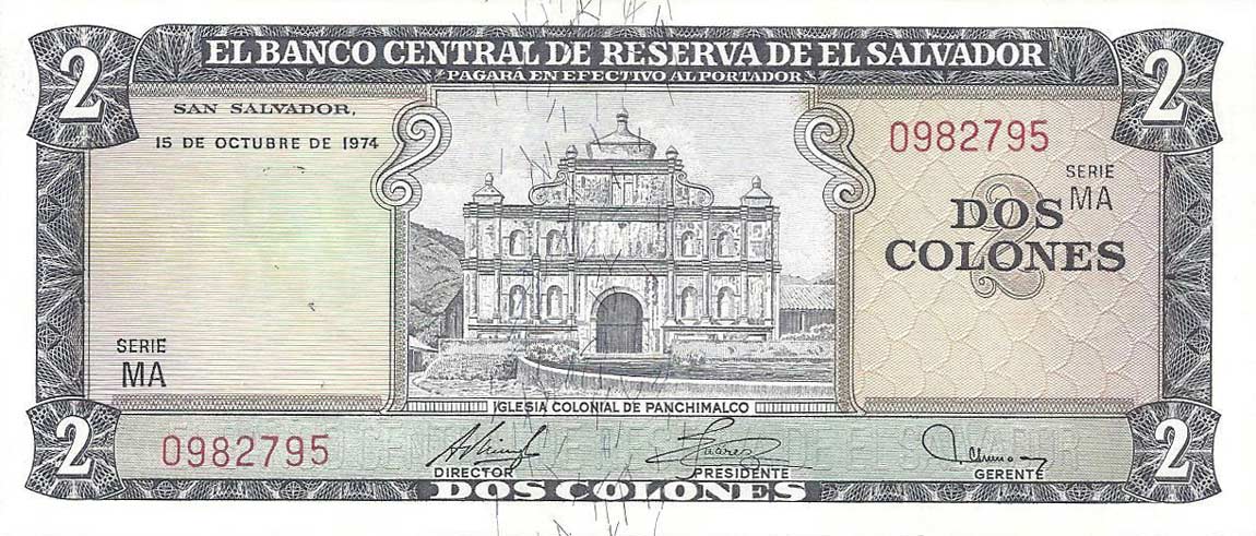 Front of El Salvador p116b: 2 Colones from 1974