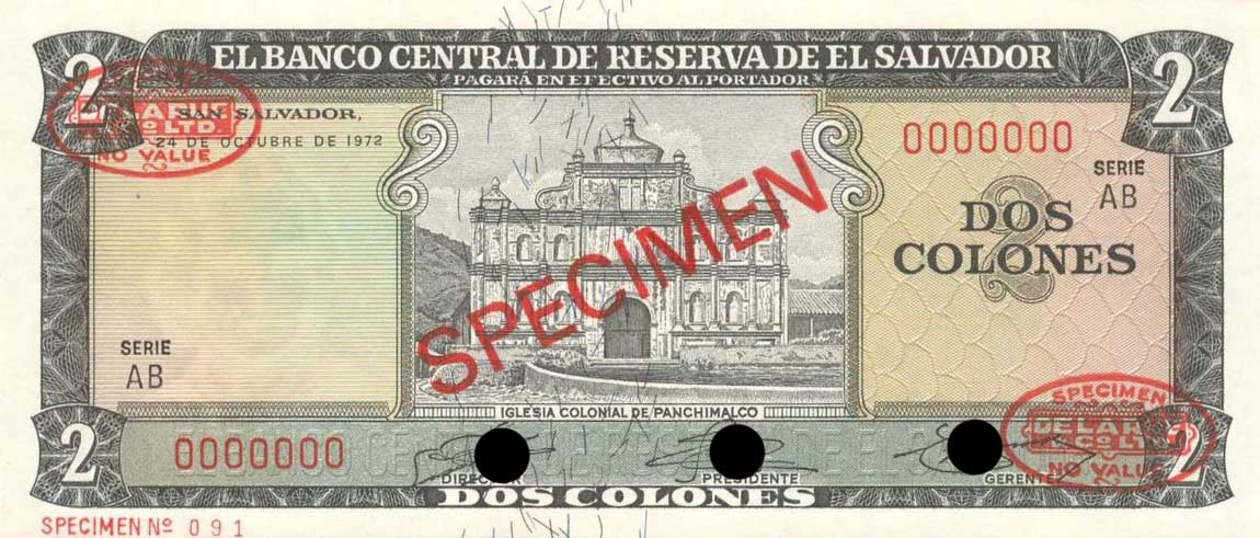 Front of El Salvador p116s: 2 Colones from 1972