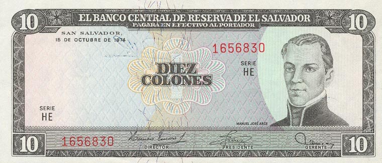 Front of El Salvador p118a: 10 Colones from 1971