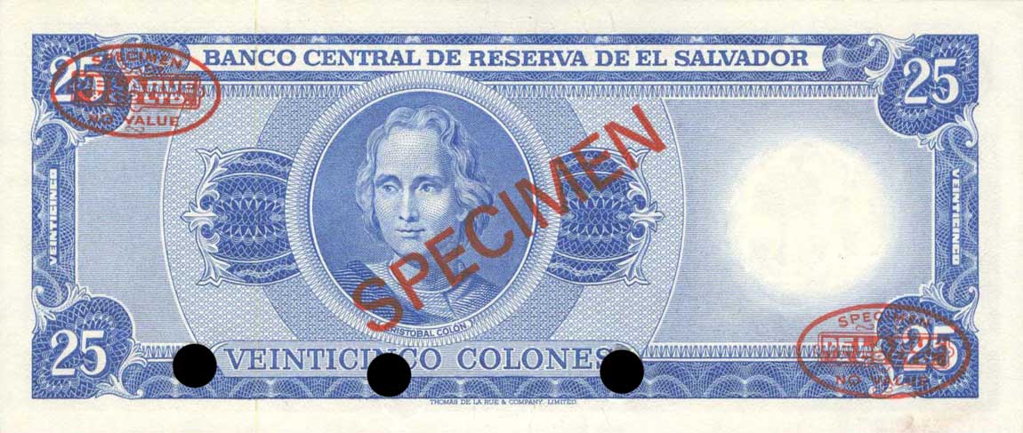 Back of El Salvador p121s: 25 Colones from 1974