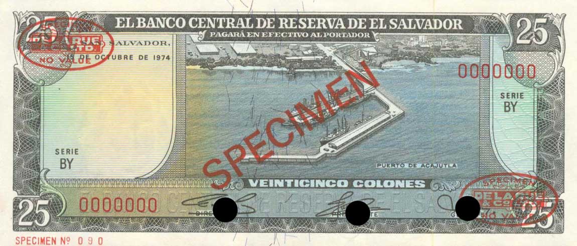 Front of El Salvador p121s: 25 Colones from 1974