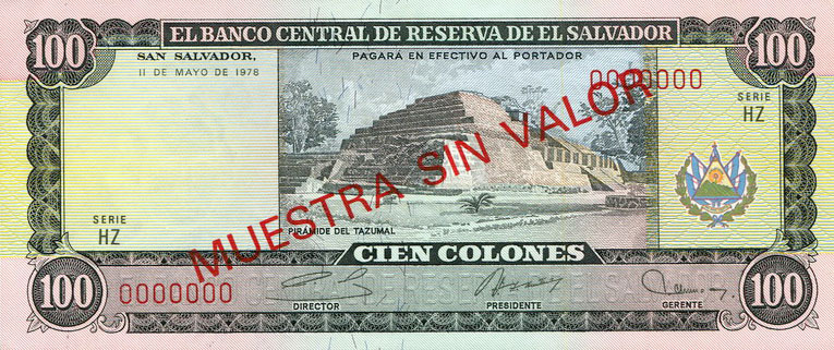 Front of El Salvador p122s: 100 Colones from 1974