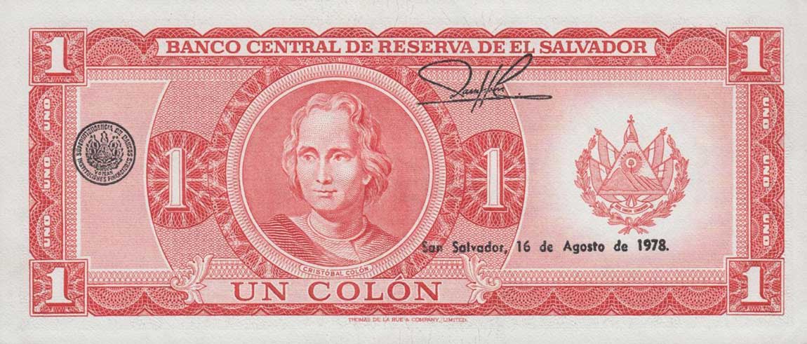 Back of El Salvador p123a: 1 Colon from 1976