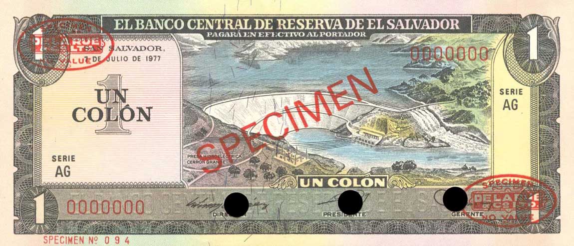 Front of El Salvador p125s: 1 Colon from 1979