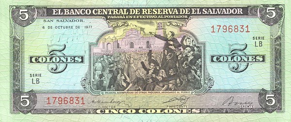 Front of El Salvador p126a: 5 Colones from 1977