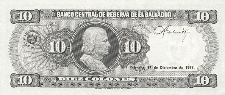 Back of El Salvador p127a: 10 Colones from 1977