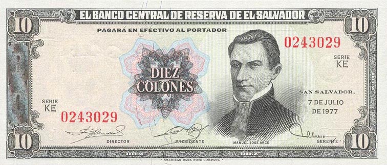 Front of El Salvador p127a: 10 Colones from 1977